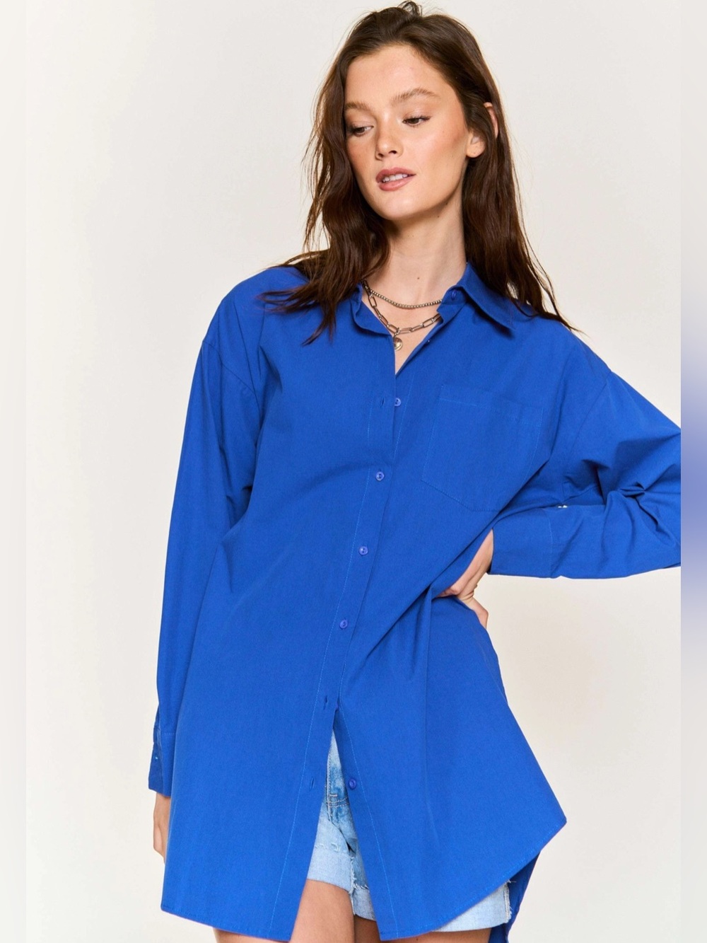 Button-Front Longline Tunic Shirt - Royal Blue